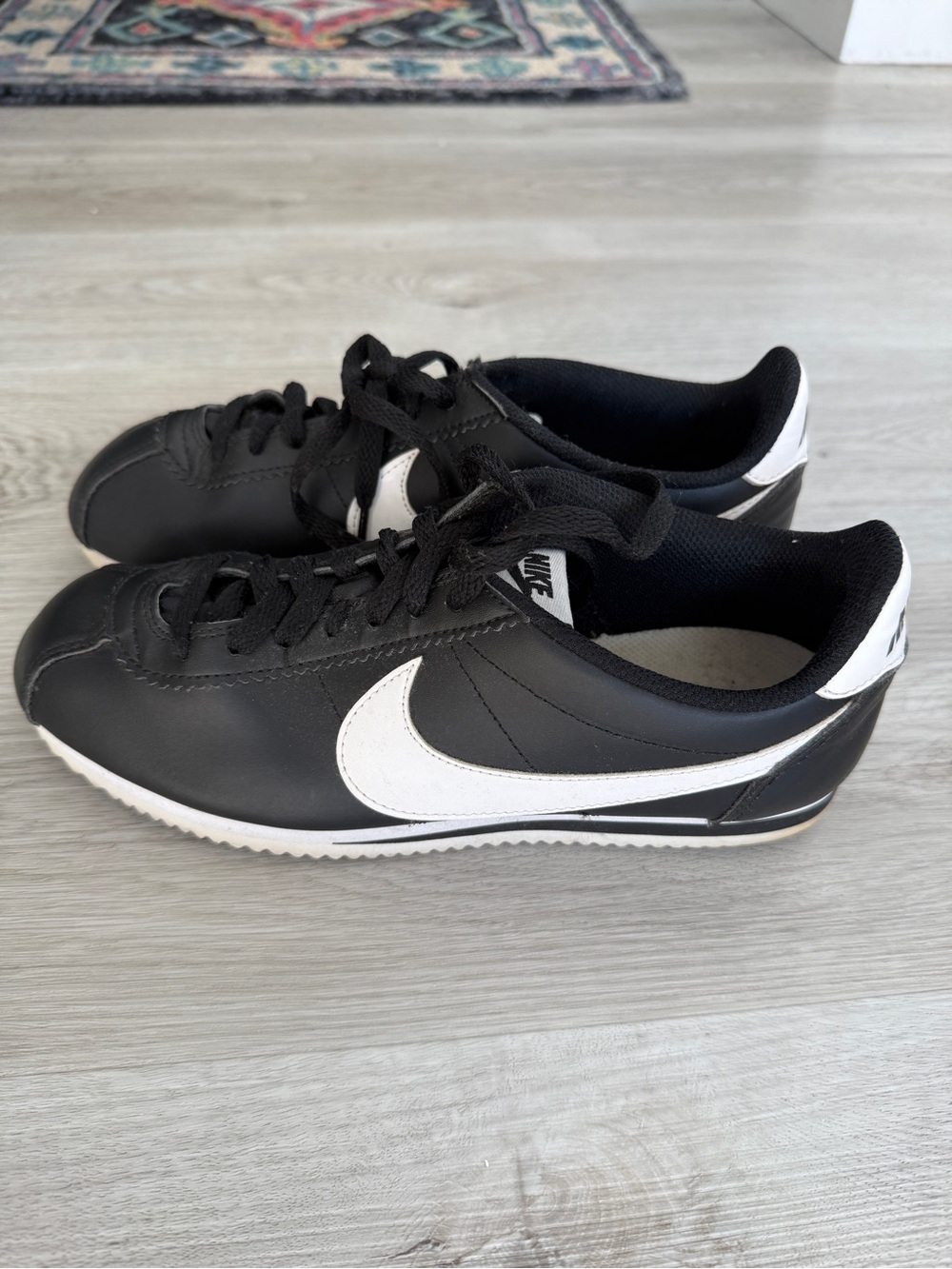Nike Women’s Cortez Black Sneakers with White Swoosh, size 9.5